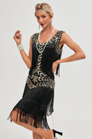 Laden Sie das Bild in den Galerie-Viewer, Schwarzes Gatsby Flapper Kleid aus den 1920er Jahren mit Pailletten und Fransen