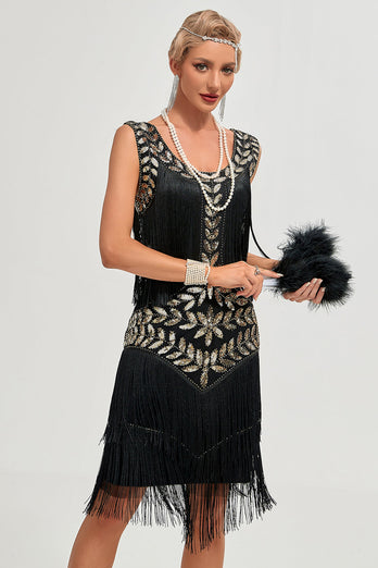 Schwarzes Gatsby Flapper Kleid aus den 1920er Jahren mit Pailletten und Fransen