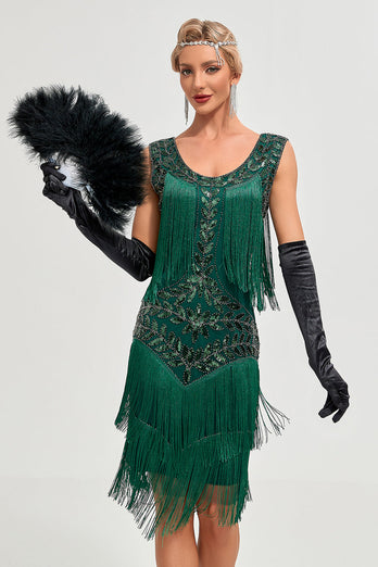 Schwarzes Gatsby Flapper Kleid aus den 1920er Jahren mit Pailletten und Fransen