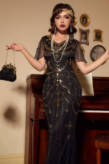 Pailletten Dunkelgrün Langes Kleid aus den 1920er Jahren