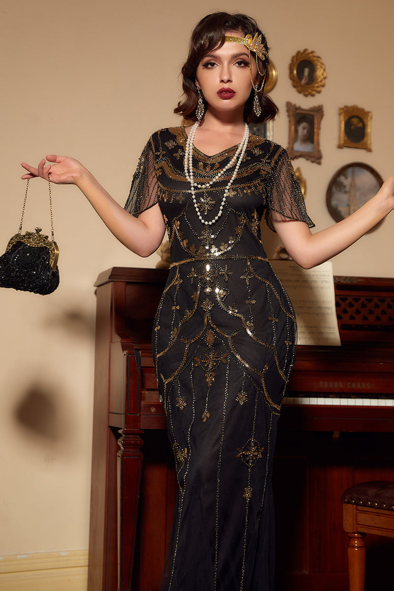Laden Sie das Bild in den Galerie-Viewer, Pailletten Dunkelgrün Langes Kleid aus den 1920er Jahren