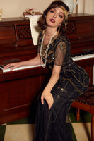 Laden Sie das Bild in den Galerie-Viewer, Pailletten Schwarz Langes Kleid aus den 1920er Jahren