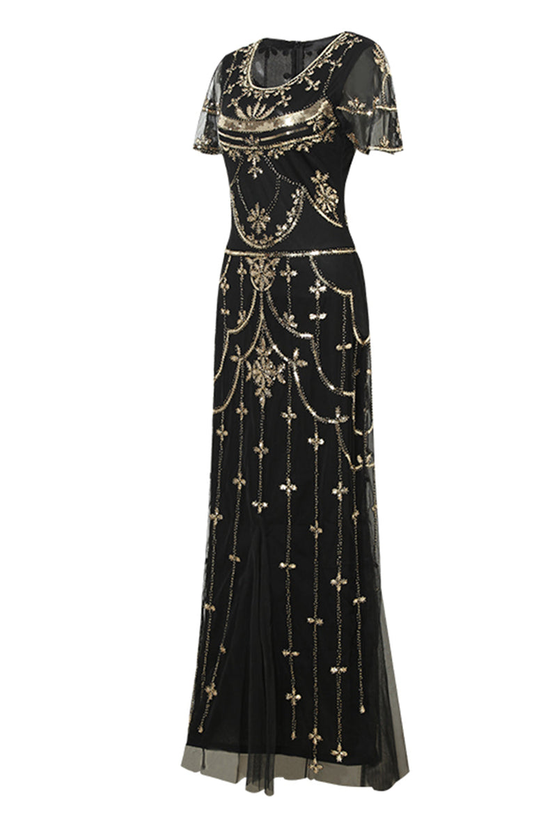 Laden Sie das Bild in den Galerie-Viewer, Schwarzes rosa Paillettenkleid aus den 1920er Jahren