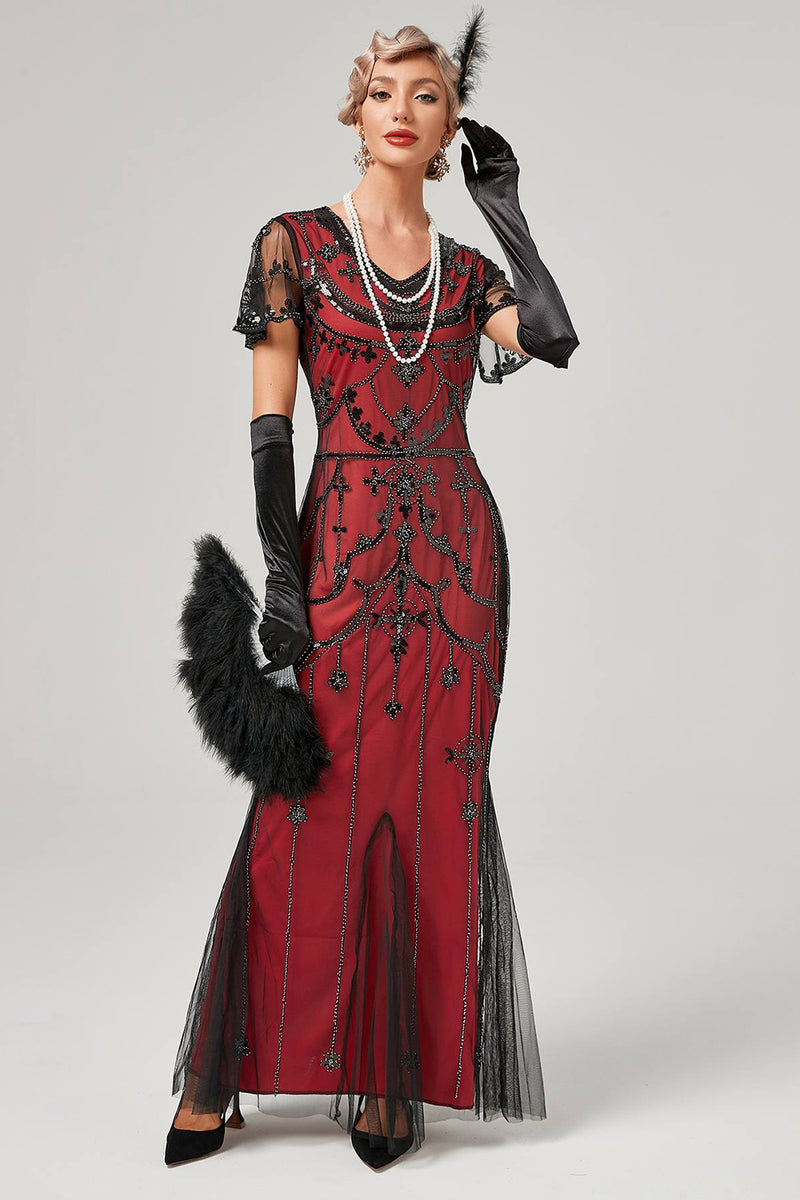Laden Sie das Bild in den Galerie-Viewer, Rotes Pailletten Langes Kleid aus den 1920er Jahren
