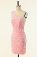 Laden Sie das Bild in den Galerie-Viewer, Rosa Eine Schulter Pailletten Etui Abiballkleid