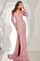 Laden Sie das Bild in den Galerie-Viewer, Langärmeliges rückenfreies Pailletten Ballkleid mit Schlitz