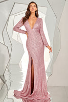 Laden Sie das Bild in den Galerie-Viewer, Langärmeliges rückenfreies Pailletten Ballkleid mit Schlitz