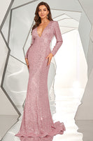 Laden Sie das Bild in den Galerie-Viewer, Langärmeliges rückenfreies Pailletten Ballkleid mit Schlitz