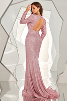 Laden Sie das Bild in den Galerie-Viewer, Langärmeliges rückenfreies Pailletten Ballkleid mit Schlitz