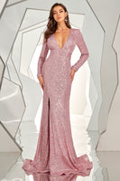 Laden Sie das Bild in den Galerie-Viewer, Langärmeliges rückenfreies Pailletten Ballkleid mit Schlitz