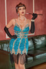 Laden Sie das Bild in den Galerie-Viewer, Königsblau Pailletten Kurzes Gatsby 1920er Jahre Kleid mit Fransen