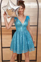 Laden Sie das Bild in den Galerie-Viewer, Blaues Pailletten A-linie Abschlussballkleid mit Federn