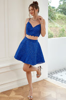 Laden Sie das Bild in den Galerie-Viewer, Zweiteilige Spaghettiträger Königsblau Kurzes Abiballkleid