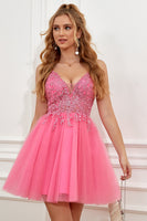 Laden Sie das Bild in den Galerie-Viewer, Fuchsia Spaghettiträger A-Linie Rückenfreies Kurzes Abiballkleid