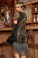 Laden Sie das Bild in den Galerie-Viewer, Pailletten schwarzes Kleid aus den 1920er Jahren mit Fransen