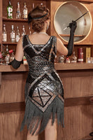 Laden Sie das Bild in den Galerie-Viewer, Silber Pailletten V-Ausschnitt 20er Jahre Charleston Kleid mit Fransen