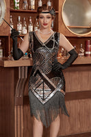 Laden Sie das Bild in den Galerie-Viewer, Silber Pailletten V-Ausschnitt 20er Jahre Charleston Kleid mit Fransen