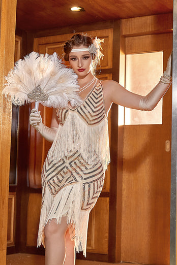 Champagner V-Ausschnitt Pailletten 1920er Jahre Flapper Kleid mit Fransen