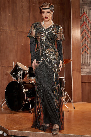 Schwarz Gold Pailletten Langes Gatsby Kleid aus den 1920er Jahren mit Pailletten