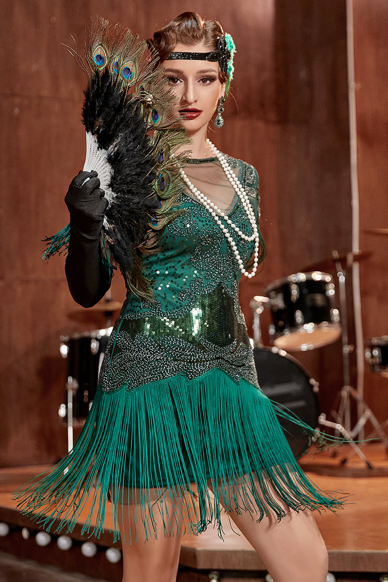 Laden Sie das Bild in den Galerie-Viewer, Dunkelgrüner Bateau Ausschnitt Gatsby-Kleid aus den 1920er Jahren mit Fransen