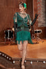 Laden Sie das Bild in den Galerie-Viewer, Dunkelgrüner Bateau Ausschnitt Gatsby-Kleid aus den 1920er Jahren mit Fransen