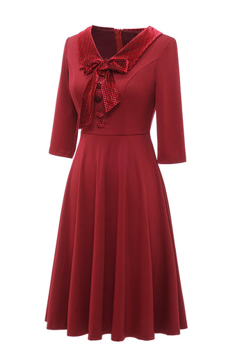 Dunkelgrün 3/4 Ärmel Vintage Kleid