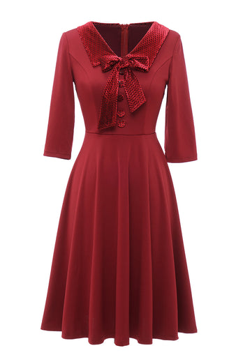 Dunkelgrün 3/4 Ärmel Vintage Kleid