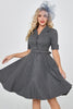 Laden Sie das Bild in den Galerie-Viewer, Grau Karo Halbärmel Vintage 1950er Jahre Kleid