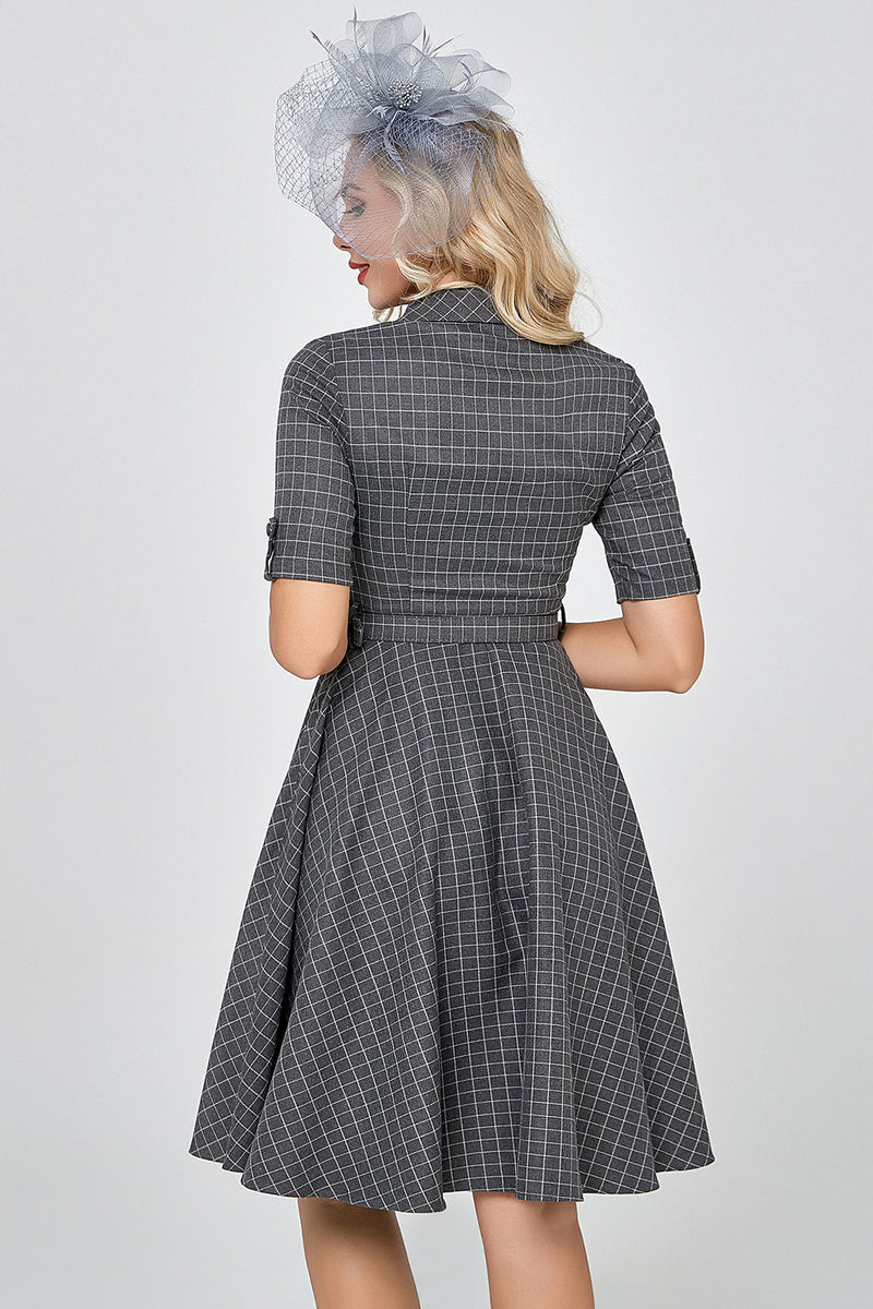 Laden Sie das Bild in den Galerie-Viewer, Grau Karo Halbärmel Vintage 1950er Jahre Kleid