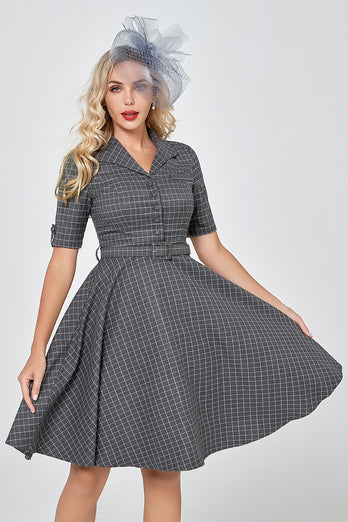 Grau Karo Halbärmel Vintage 1950er Jahre Kleid