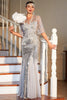 Laden Sie das Bild in den Galerie-Viewer, Gatsby Kleid 1920er Jahre Flapper Kurzes Kleid Grau Pailletten Vintage Kleid für Party