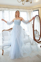 Laden Sie das Bild in den Galerie-Viewer, Trägerloses blau bedrucktes Ballkleid in Übergröße mit halben Ärmeln