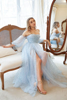 Laden Sie das Bild in den Galerie-Viewer, Trägerloses blau bedrucktes Ballkleid in Übergröße mit halben Ärmeln