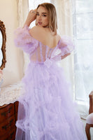 Laden Sie das Bild in den Galerie-Viewer, A-Linie Schulterfreies lila Korsett Übergröße Ballkleid mit Bowknot