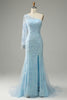 Laden Sie das Bild in den Galerie-Viewer, Himmelblau Eine Schulter Meerjungfrau Ballkleid mit Applikationen