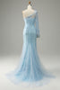Laden Sie das Bild in den Galerie-Viewer, Himmelblau Eine Schulter Meerjungfrau Ballkleid mit Applikationen