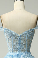 Laden Sie das Bild in den Galerie-Viewer, Prinzessin A-Linie Off Schulterfreies Blaues langes Ballkleid mit Applikationen