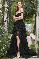 Laden Sie das Bild in den Galerie-Viewer, Langes schulterfreies Schwarz gestuftes Ballkleid