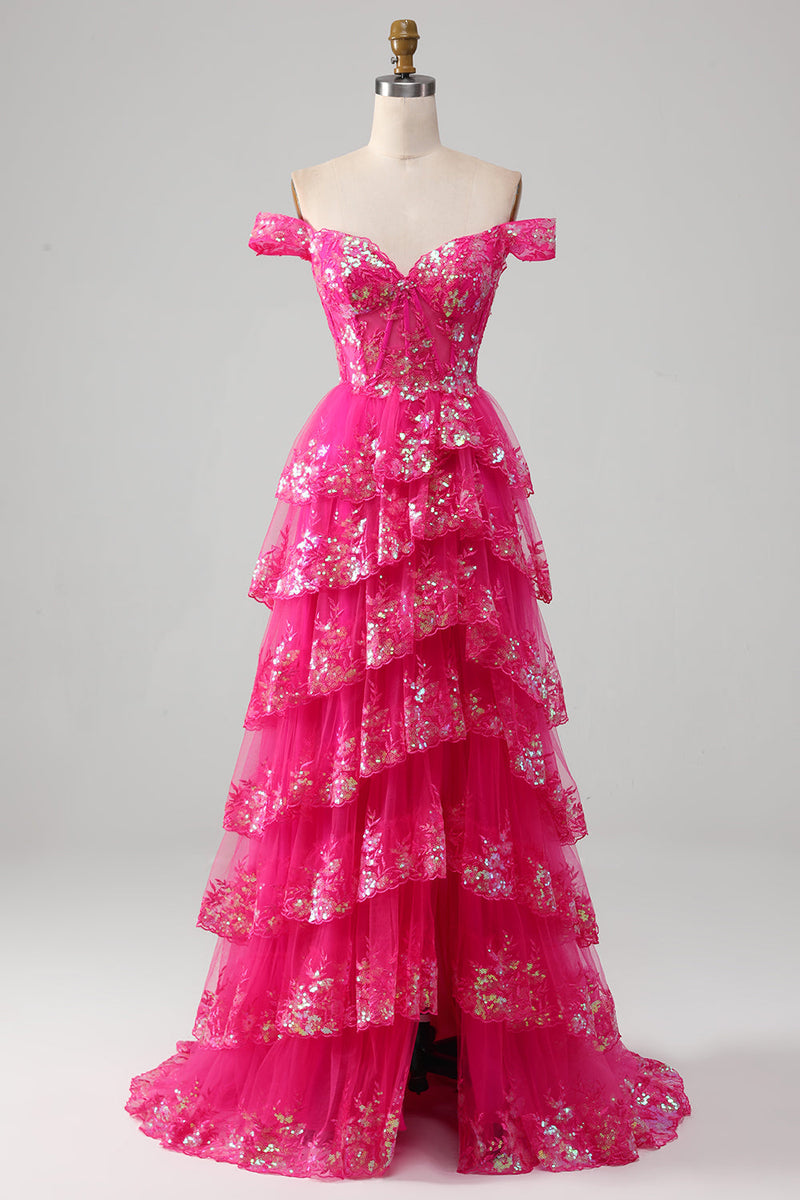 Laden Sie das Bild in den Galerie-Viewer, Prinzessin Langes A Linie Schulterfreies Schwarzes rosa Ballkleid mit gestufter Spitze