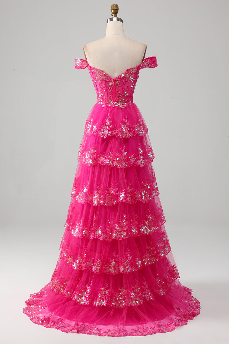 Laden Sie das Bild in den Galerie-Viewer, Prinzessin Langes A Linie Schulterfreies Schwarzes rosa Ballkleid mit gestufter Spitze