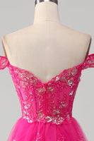 Laden Sie das Bild in den Galerie-Viewer, Schulterfreies fuchsia Ballkleid mit Pailletten