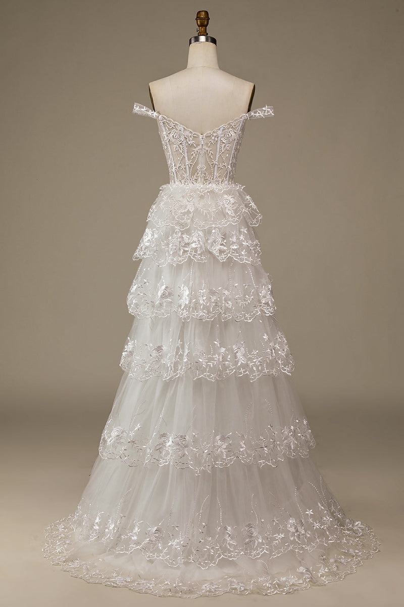 Laden Sie das Bild in den Galerie-Viewer, Glitzerndes weißes Brautkleid aus gestufter Spitze mit Schlitz