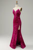 Laden Sie das Bild in den Galerie-Viewer, Hot Pink Trägerloses Pailletten Ballkleid mit Schlitz