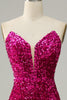 Laden Sie das Bild in den Galerie-Viewer, Hot Pink Trägerloses Pailletten Ballkleid mit Schlitz