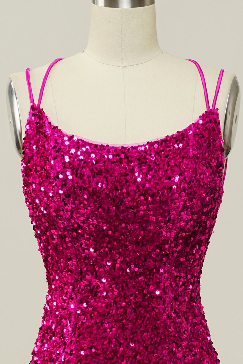 Laden Sie das Bild in den Galerie-Viewer, Hot Pink Pailletten Spaghettiträger Meerjungfrau Ballkleid mit Schnürung Rücken