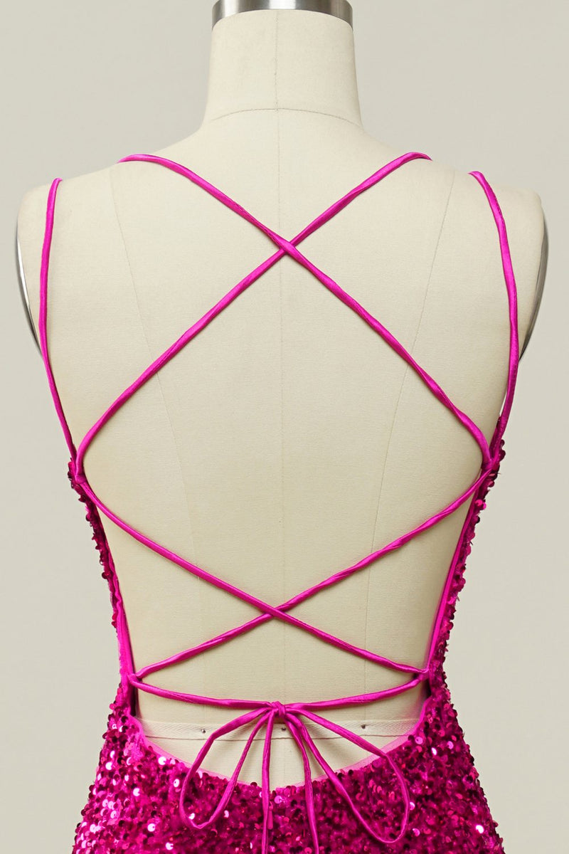 Laden Sie das Bild in den Galerie-Viewer, Hot Pink Pailletten Spaghettiträger Meerjungfrau Ballkleid mit Schnürung Rücken