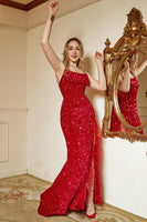 Laden Sie das Bild in den Galerie-Viewer, Rote Pailletten fransen Übergröße Ballkleid mit Schlitz