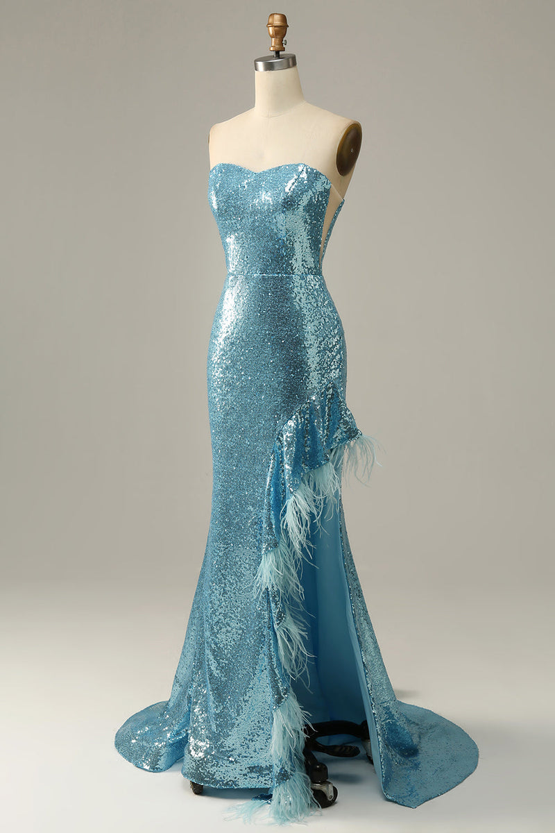 Laden Sie das Bild in den Galerie-Viewer, Himmelblau Herzausschnitt Pailletten Meerjungfrau Ballkleid mit Federn