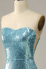 Laden Sie das Bild in den Galerie-Viewer, Himmelblau Herzausschnitt Pailletten Meerjungfrau Ballkleid mit Federn