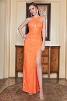 Laden Sie das Bild in den Galerie-Viewer, Orange Neckholder Pailletten Kleid ohne Rücken Meerjungfrau Ballkleid
